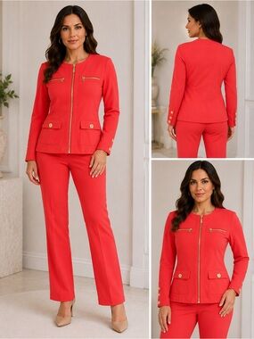 Boston Proper Coral-Red Zip Front Jacket & Trousers Set